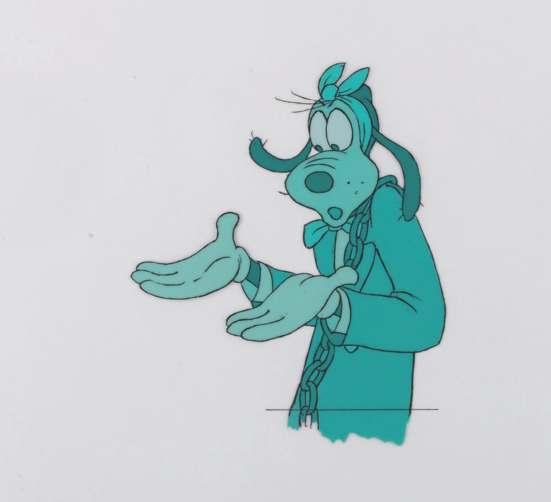 A "Mickey's Christmas Carol" Production Cel.: (Disney, 1983) An original production cel of Goofy as Jacob Marley from "Mickey's Christmas Carol." Goofy has an image size of 5.25" x 6" on a 12.5" x 16" cel. The cel is in fine condition.