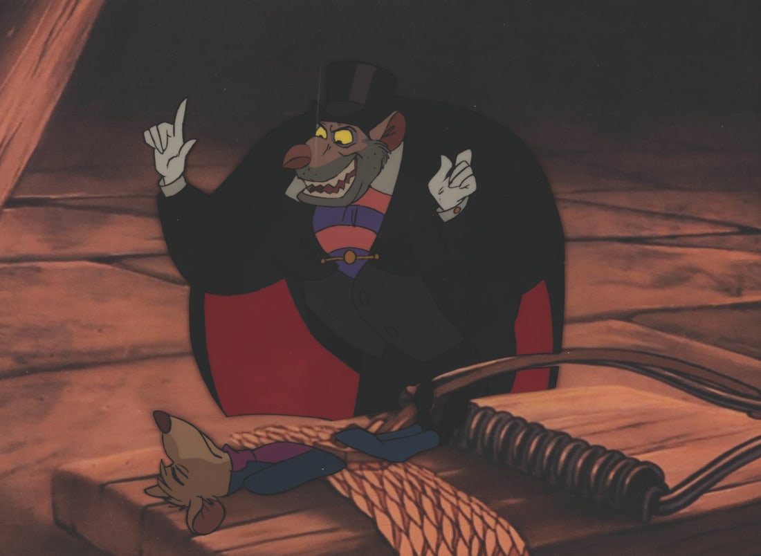 A "The Great Mouse Detective" Original Production Cel.: (Disney, 1986) An original production cel of Ratigan and Basil from "The Great Mouse Detective." The characters have an image size of 6" x 6.5" on the 13.5" x 17" cel. The art is in fine condition,