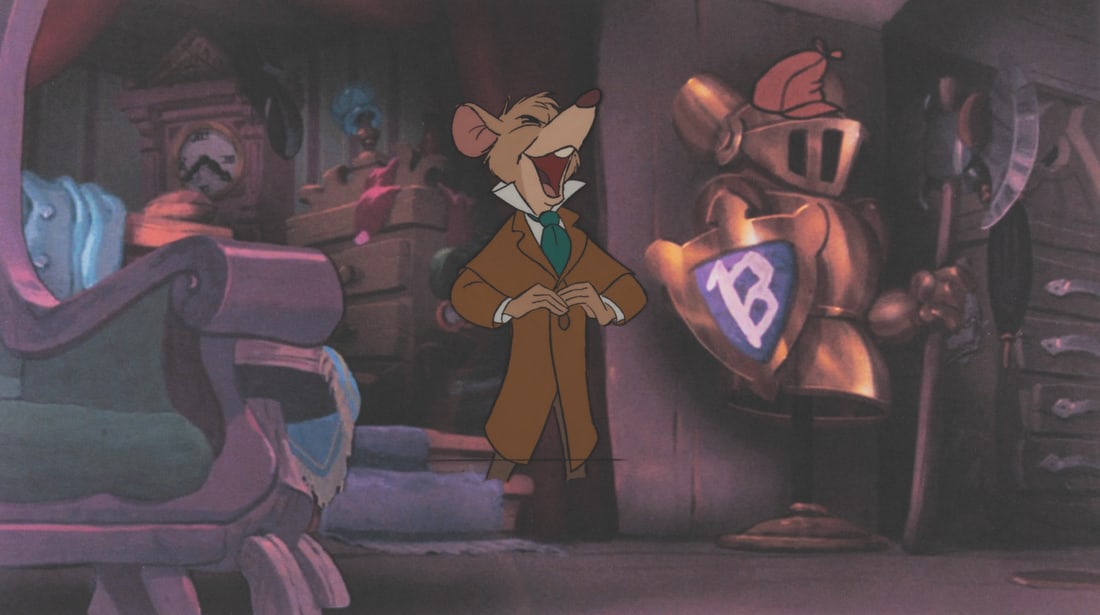 A "The Great Mouse Detective" Original Production Cel.: (Disney, 1986) An original production cel of Basil from "The Great Mouse Detective," with a color copy background. Basil has an image size of 2.25" x 4.5" on a 10.5" x 12.5" cel. The art is in very
