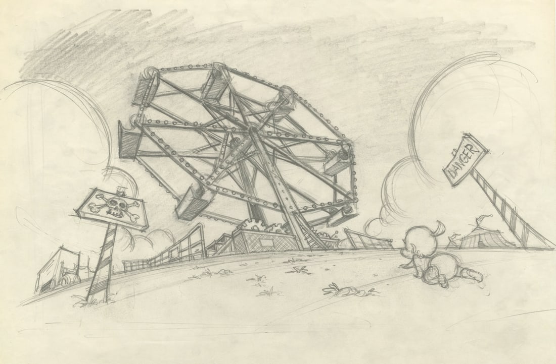 A "Roller Coaster Rabbit" Concept Drawing.: (Disney, 1990) An early concept drawing of Baby Herman from "Roller Coaster Rabbit." Measuring 9" x 15.5" on 12.5" x 17" animation paper, the graphite drawing is in very good condition with light wear