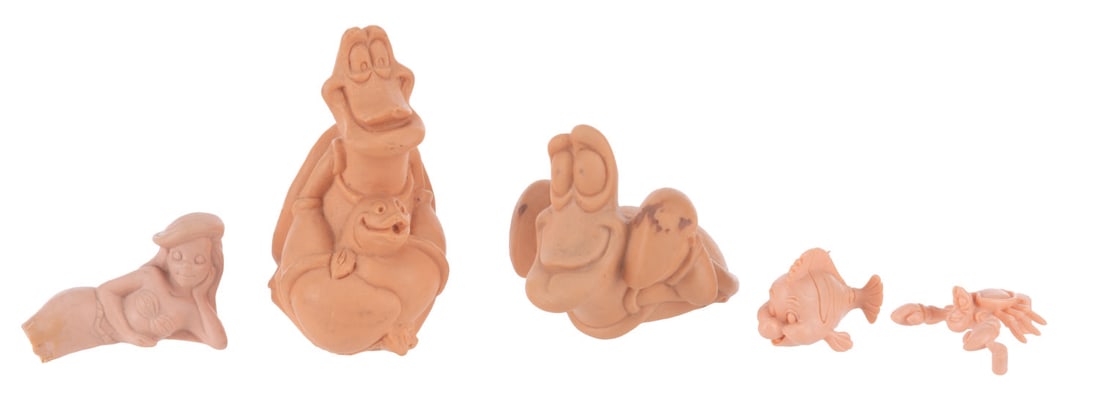 A Set of "The Little Mermaid" Toy Prototypes.: (Disney, 1993) Five plastic or resin prototypes for Burger King promotional toys based on "The Little Mermaid" characters. Included are Ariel, Flounder, and three of Sebastian the crab. Measuring