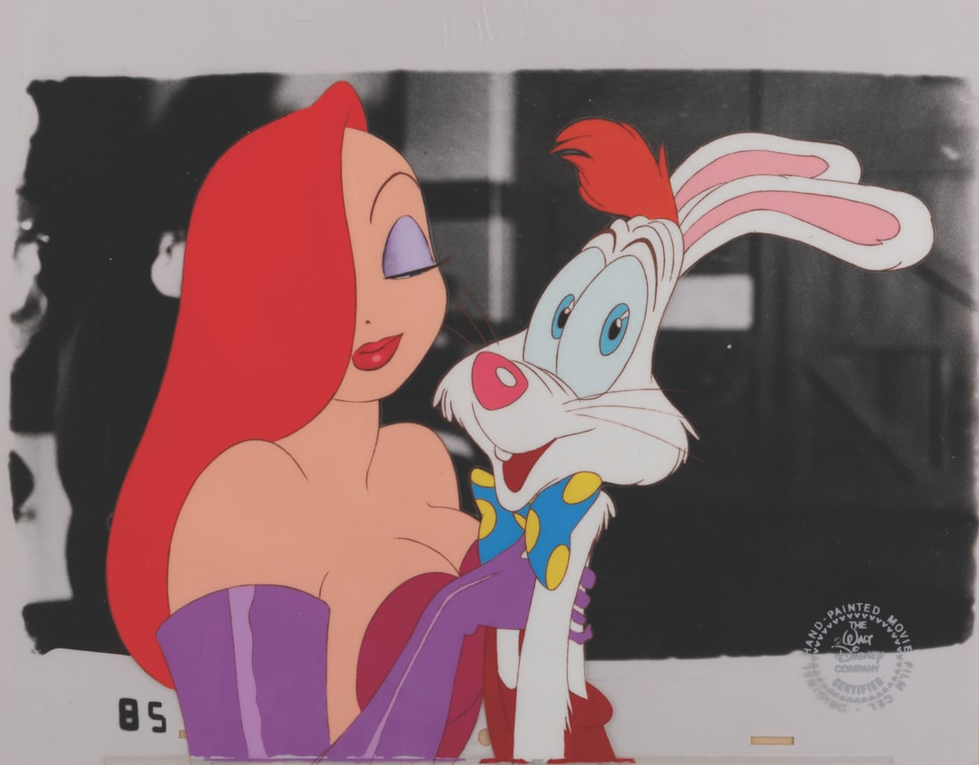 A "Who Framed Roger Rabbit" Original Production Cel.: (Disney, 1988) An original production cel of Jessica and Roger from "Who Framed Roger Rabbit," paired with a color copy background. Jessica and Roger have an image size of 7.75" x 11.5" on a 12.5" x