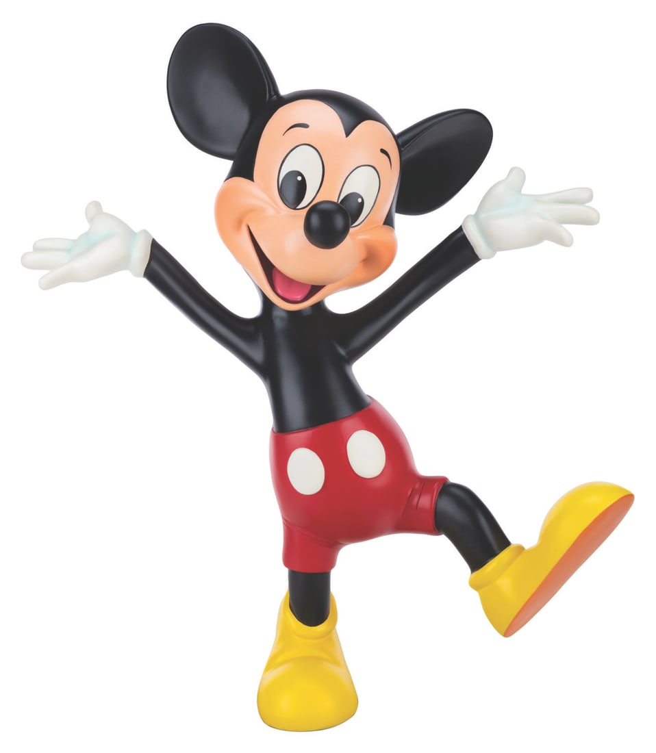 A Mickey Mouse Disney Store Display Figure.: (Disney Store, 1994) A Disney Store display figure of Mickey Mouse in his classic red shorts and yellow shoes. Measuring 25" x 11" x 29.5" tall, the fiberglass figure is in fine condition. This item