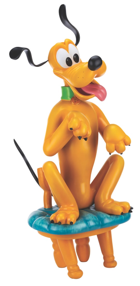 A Disney Store Pluto Display Figure.: (Disney Store, 1990s-2000s) A fiberglass figure of Pluto on a chair, originally displayed in the front window of a Disney Store. Measuring 15" x 20" x 38" tall, including the chair, the figure is in