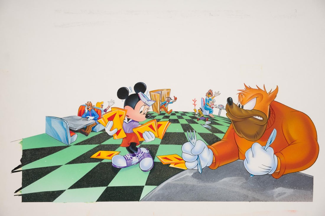 A Mickey's Diner Minnie Mouse Original Book Painting.: (Random House, 1995) An original painting for an illustration in the Mickey's Diner Activity Storybook of Minnie dropping menus. Measuring 17" x 23" overall with the character image measuring 7.25" x