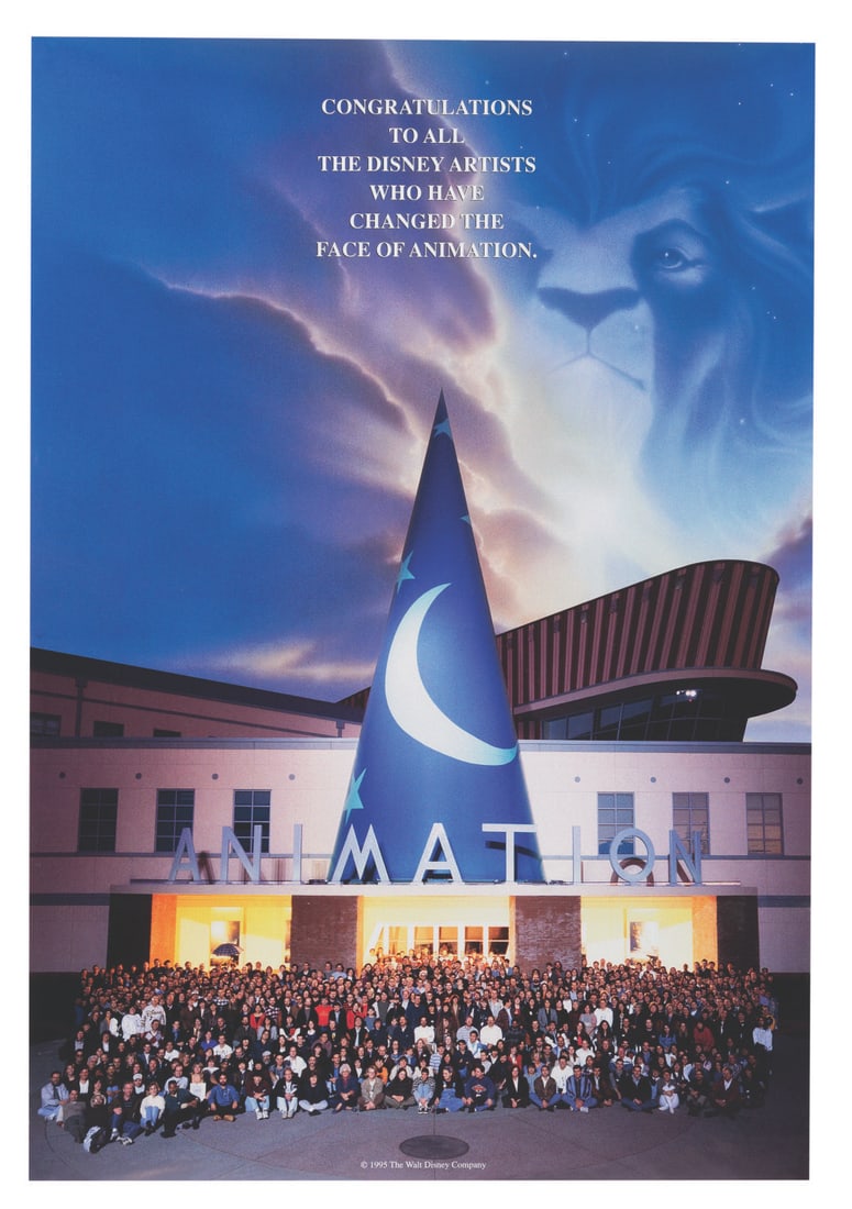 A Disney Feature Animation Team Poster.: (Disney, 1995) A Disney Animation Team poster commemorating the newly opened Animation building and the contributions that the Disney animators have made to animation. Measuring 18.5" x 26.75", the