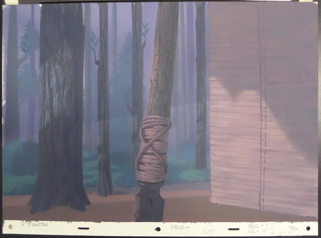 An Original "Pocahontas" Production Background.: (Disney, 1995) An original production background from "Pocahontas" in the Powhatan village. Measuring 12.5" x 17", the background is in very good condition.