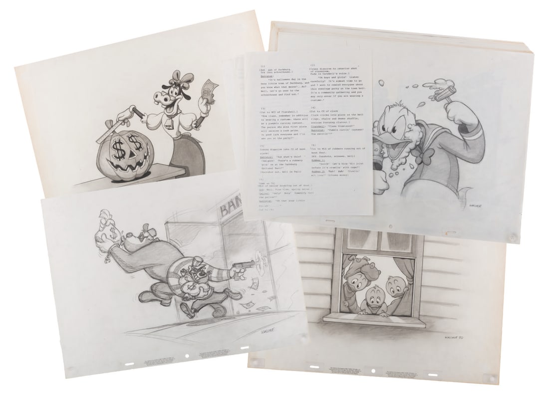 A Set of Large Donald Duck Halloween Special Drawings.: (Disney, 1990) A large collection of 19 original pencil drawings for a proposed animated Halloween Special starring Donald Duck and his nephews. These original concepts were drawn on 5-hole Walt