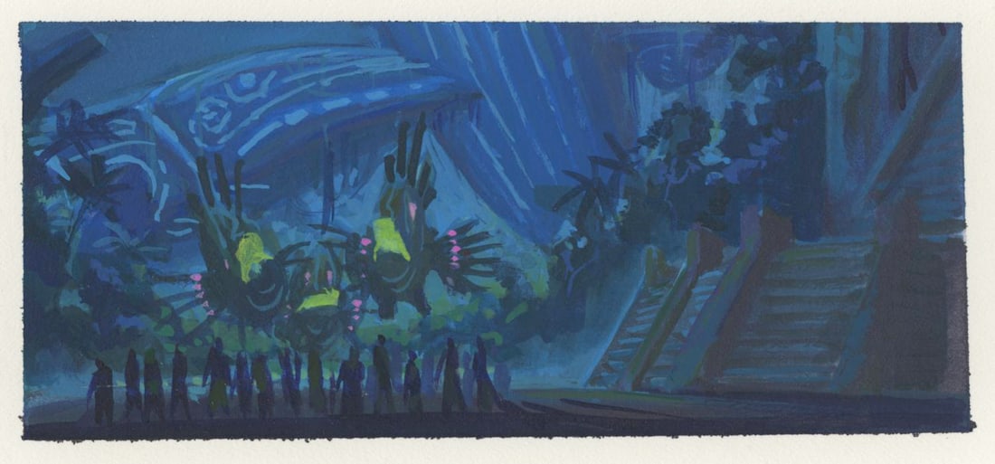 An "Atlantis: The Lost Empire" Color Key Concept Painting.: (Disney, 2001) An original background color key concept painting from "Atlantis: The Lost Empire." Color concepts are useful for finalizing the color palette and overall feel of a scene. Once