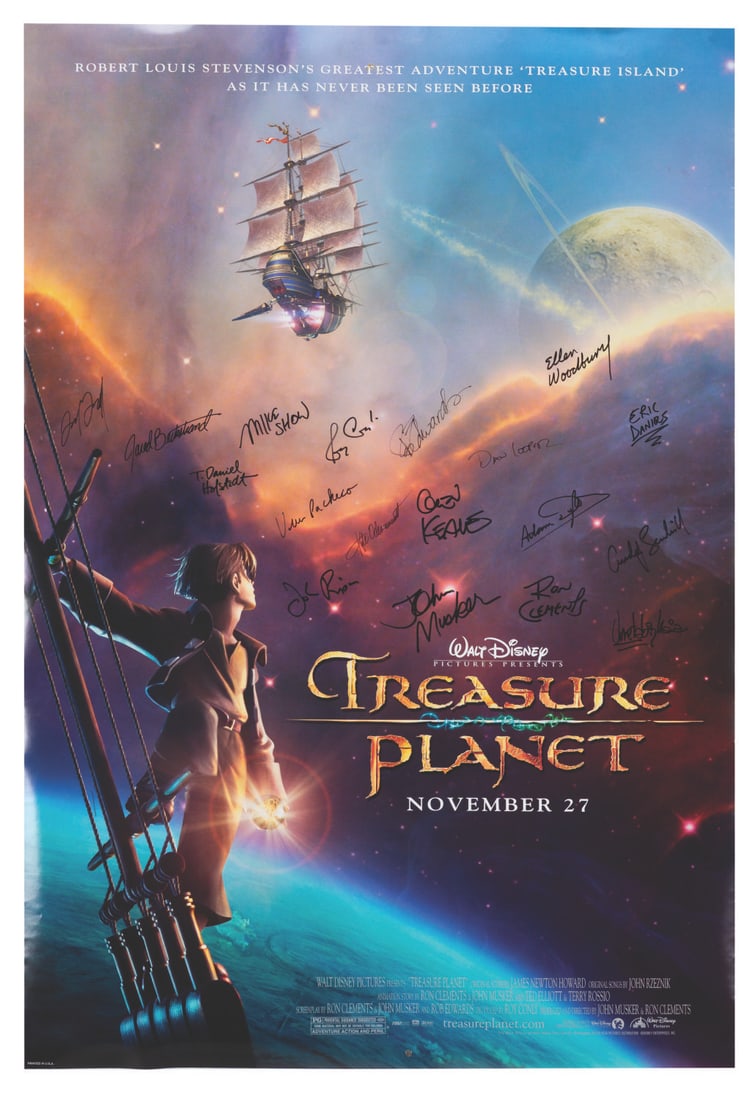 A Mult-Signed "Treasure Planet" One-Sheet.: (Disney, 2002) A one-sheet for "Treasure Planet" signed by 18 Disney Animators. Signatures include Producers John Musker and Ron Clements, Glen Keane, Dan Cooper, Vera Pacheco, Kyle Odermatt, Ellen Wo