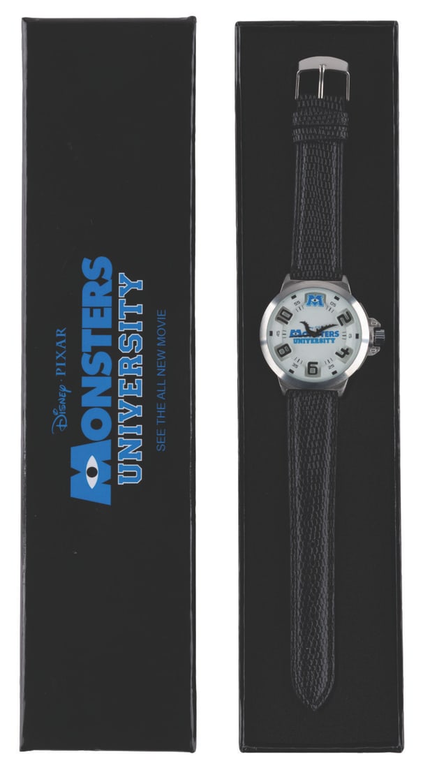 A Rare "Monsters University" Watch.: (Pixar, 2013) A rare "Monsters University" wristwatch, featuring an extra-large face, tentacles for hands, and its original box with "See the All New Movie" on top of the lid. The unused watch has