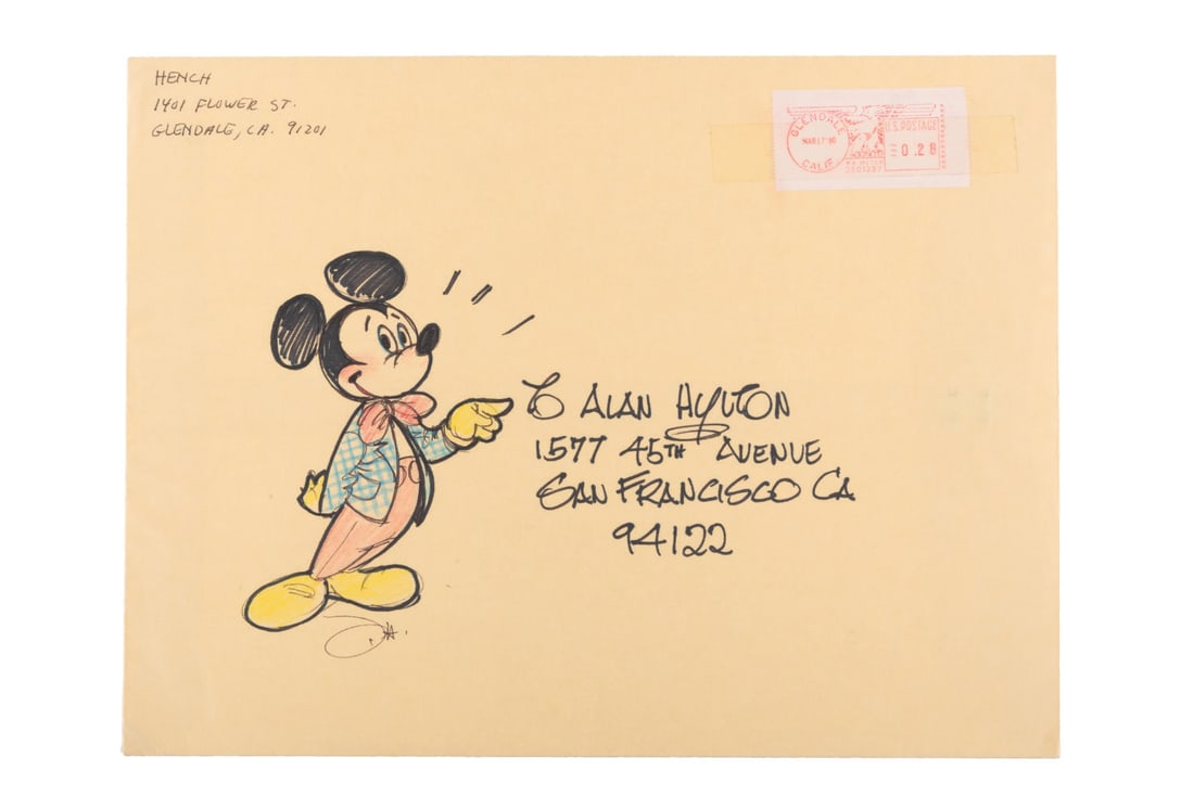 An Original Mickey Mouse Drawing by John Hench.: (Disney, 1980) An original drawing by Disney Legend John Hench of Mickey Mouse, accomplished in ink and colored pencils on an envelope that was mailed from the WED Imagineering headquarters in