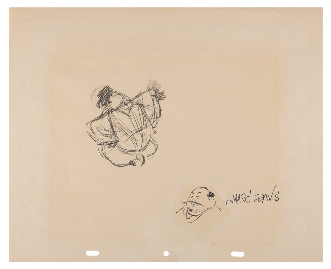 A Marc Davis Character Drawing with Signature.: (Marc Davis, 1950-60s) A pair of character sketches placed together in one sheet, with the lower "face" image carefully spliced into the page, and boldly signed by Disney Legend Marc Davis. Walt