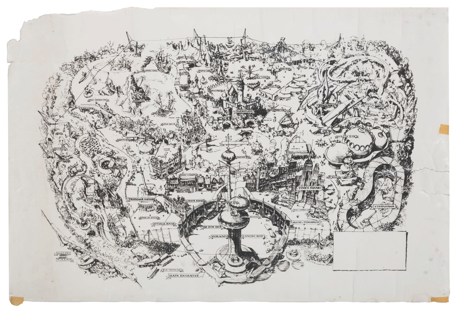 A Rare Harper Goff Australialand Map Print.: (Goff, 1960) An incredibly rare print of Harper Goff's map for the never-built Australialand theme park. In 1960, the Forest Hill Heights group hired Goff to consult on the project, reserving 500