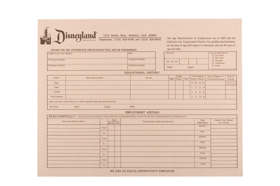 A 1960s Disneyland Employment Application. (1 of 2)