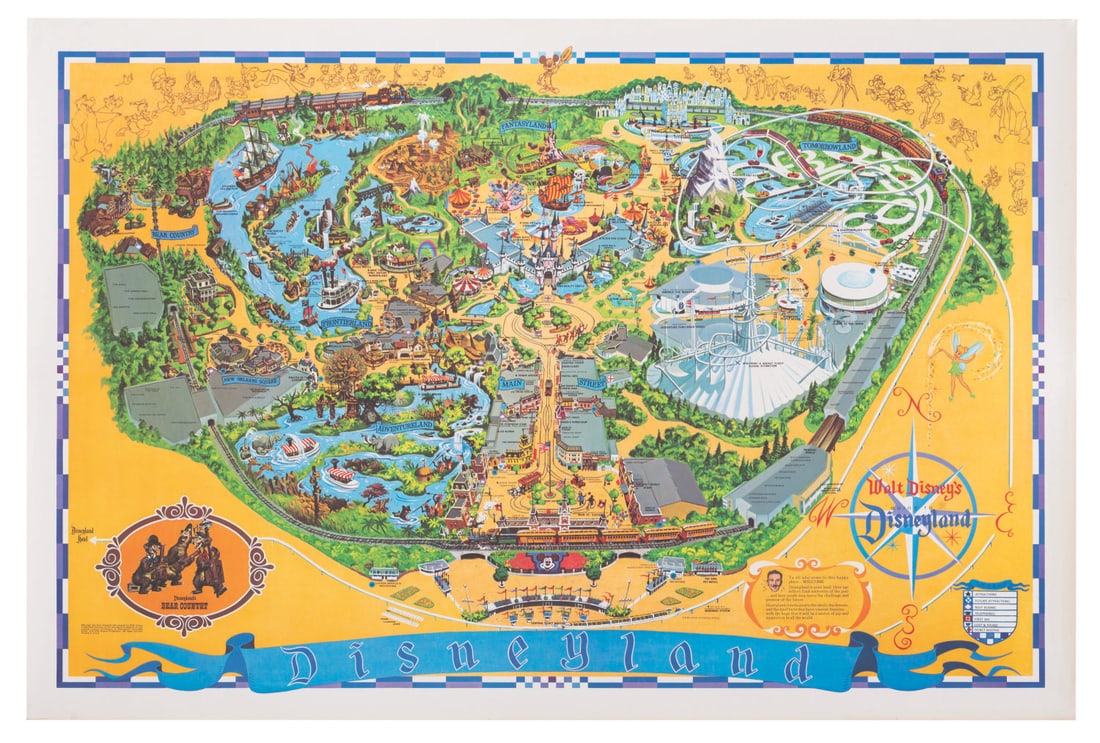 A 1972 Disneyland Souvenir Map.: (Disneyland, 1972) A large souvenir map of Disneyland from 1972. This edition of the Disneyland map contains the newly opened Elgin's New Century Clock Shop, Crystal Arts (misspelled "Cristal Arts"), 