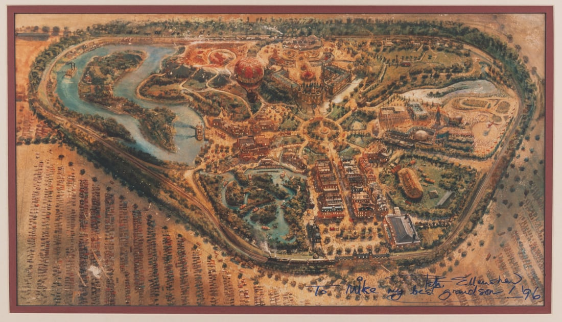 A Peter Ellenshaw Signed Disneyland Map Print.: (Disney, 1996) A signed print of Peter Ellenshaw's 1954 concept map for Disneyland. Ellenshaw signed and dated the piece with a personalized dedication to his grandson. Measuring 10" x 18" in a 16" x 