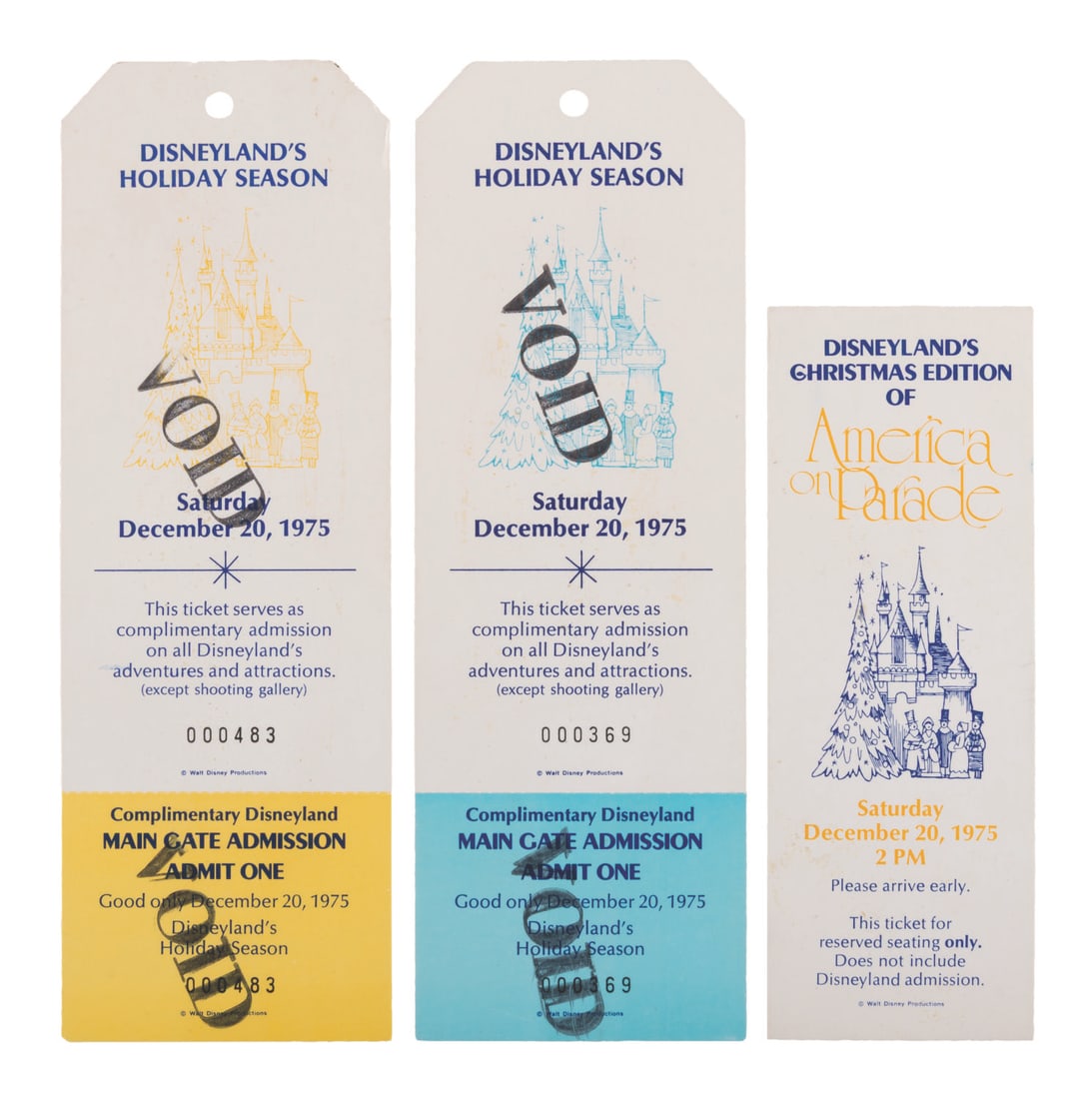 A Group of Disneyland Christmas America on Parade Tickets.: (Disneyland, 1975) A pair of December 20, 1975, Disneyland Holiday Season Main Gate Admission tickets and one reserved seating ticket for the Christmas edition of America on Parade. Ranging in size fr