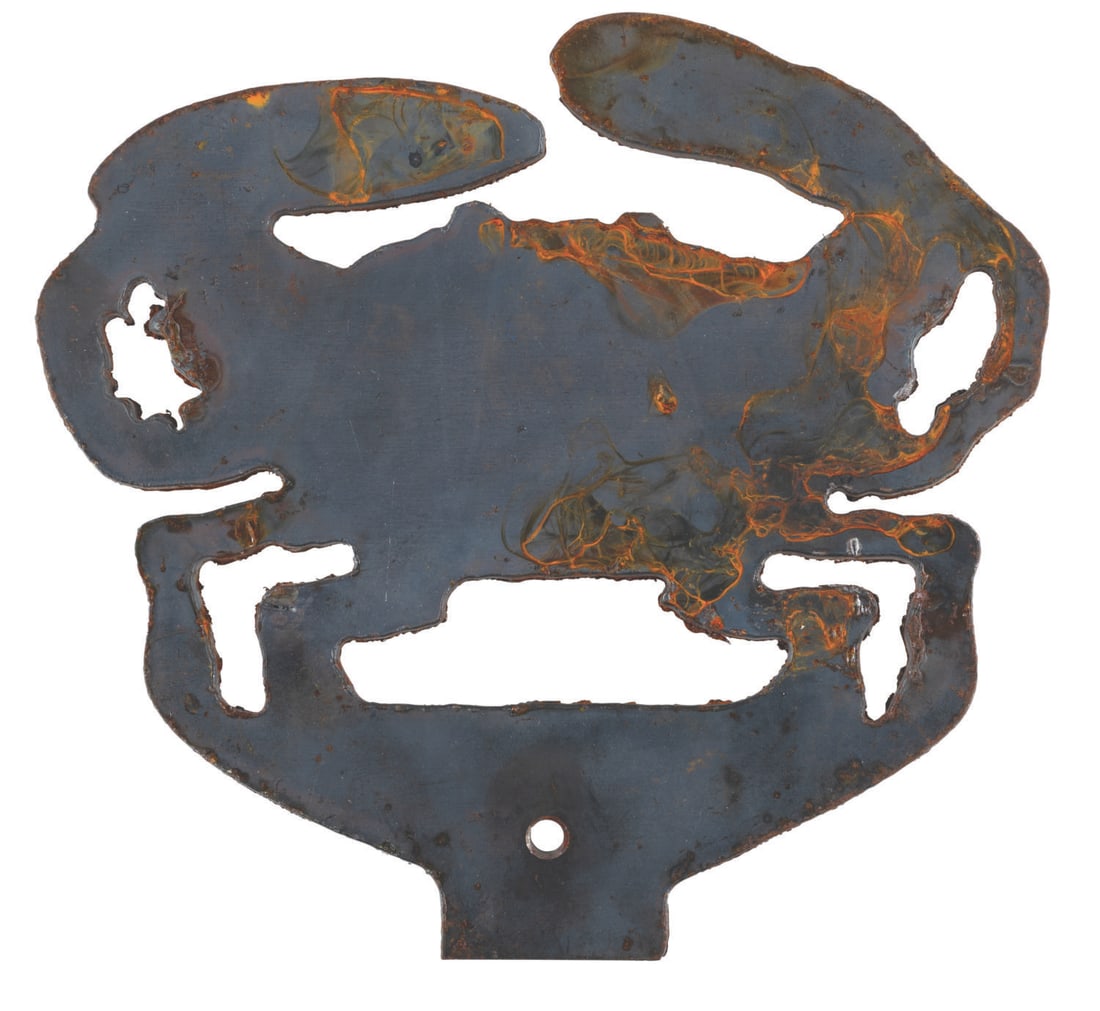A Crab Big Game Safari Shooting Gallery Target.: (Disneyland, 1962-82) An unpainted metal crab target from the Big Game Safari Shooting Gallery in Adventureland. Made of thick plate steel, the targets would make a satisfying "ping" when hit by the a