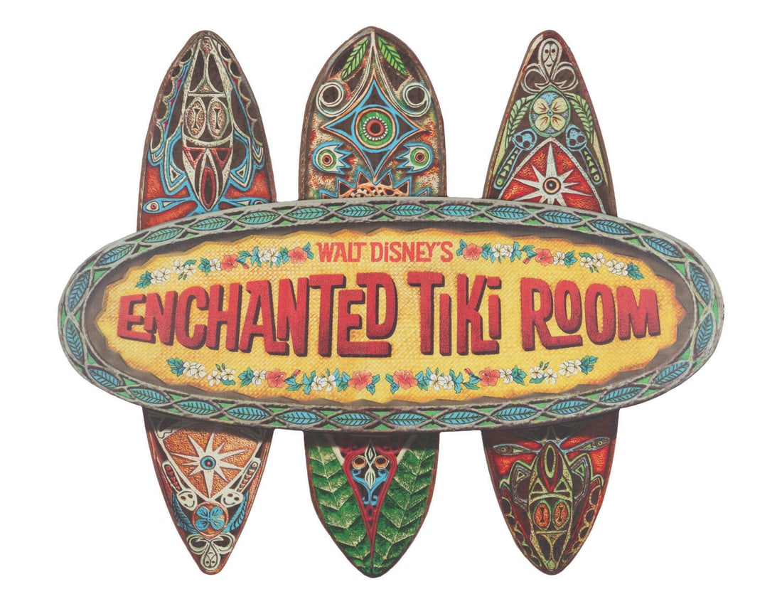 A Walt Disney's Enchanted Tiki Room Sign Replica.: (Disneyland, 2013) A replica Walt Disney's Enchanted Tiki Room sign. Released as part of the attraction's 50th anniversary, this sign is printed in vibrant color on a wood composite backing. The