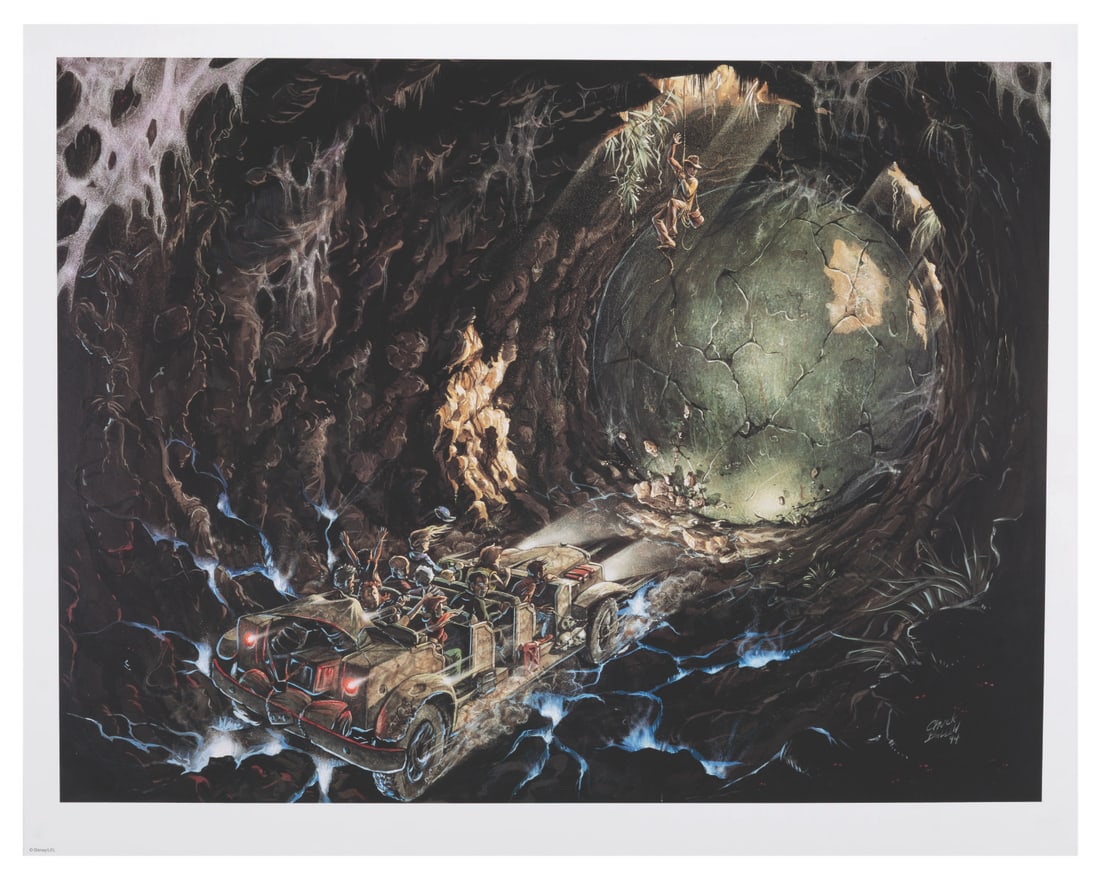 An Indiana Jones Adventure Concept Art Print.: (Disneyland, 1994) A concept art print of the climactic bolder scene from the Indian Jones Adventure by Imagineer Chuck Ballew. Ballew is also known for having created the Maraglyph alphabet that