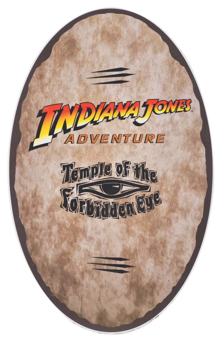 A Disneyland Indiana Jones Adventure Sign.: (Disneyland, 1990s-2000s) A Park-used temporary Indiana Jones Adventure: The Temple of the Forbidden Eye sign. Measuring 14.75" x 23.5" the PVC sign is in good condition with typical Park wear