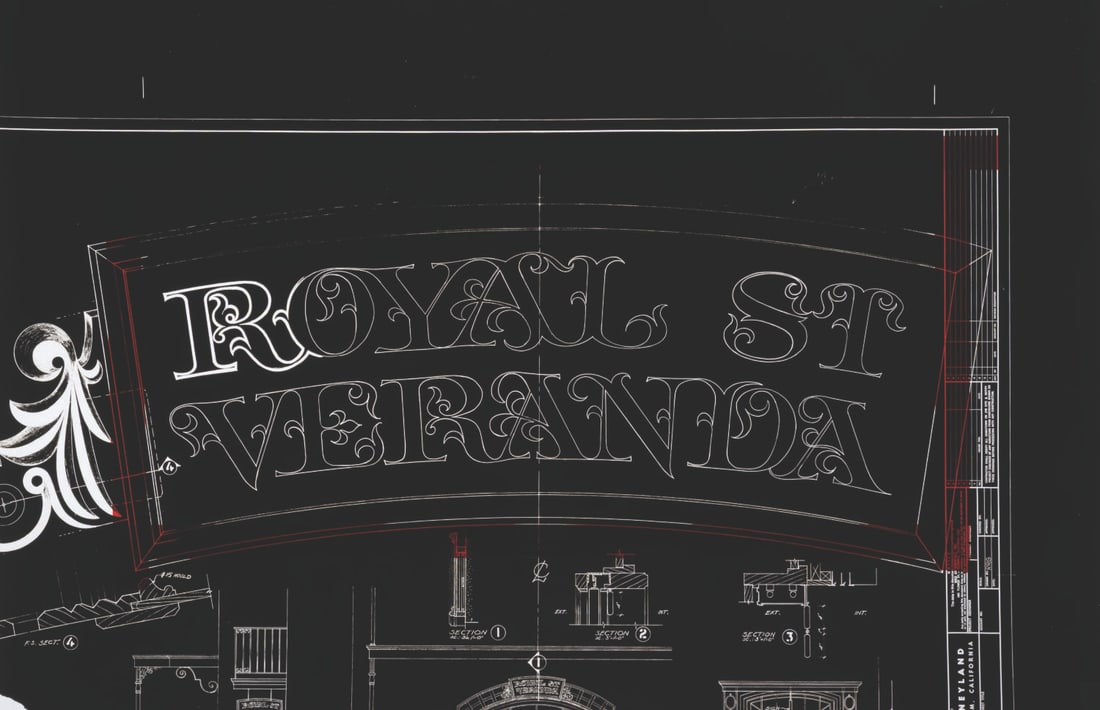 Royal Street Veranda Sign Graphic Transparency.: (Disneyland, 1966) An original graphic transparency for the Royal Street Veranda restaurant in New Orleans Square. This transparency features the logo for the sign still seen above the restaurant's