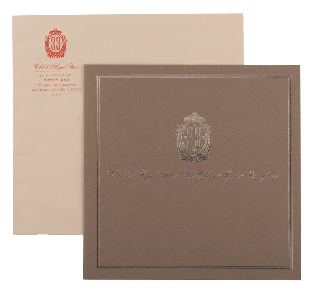 An Early Club 33 Brochure Cover and Envelope.: (Disneyland, 1967) A rare Club 33 brochure cover and envelope from the early years of the exclusive New Orleans Square restaurant. Club 33 used these types of materials to invite special individuals