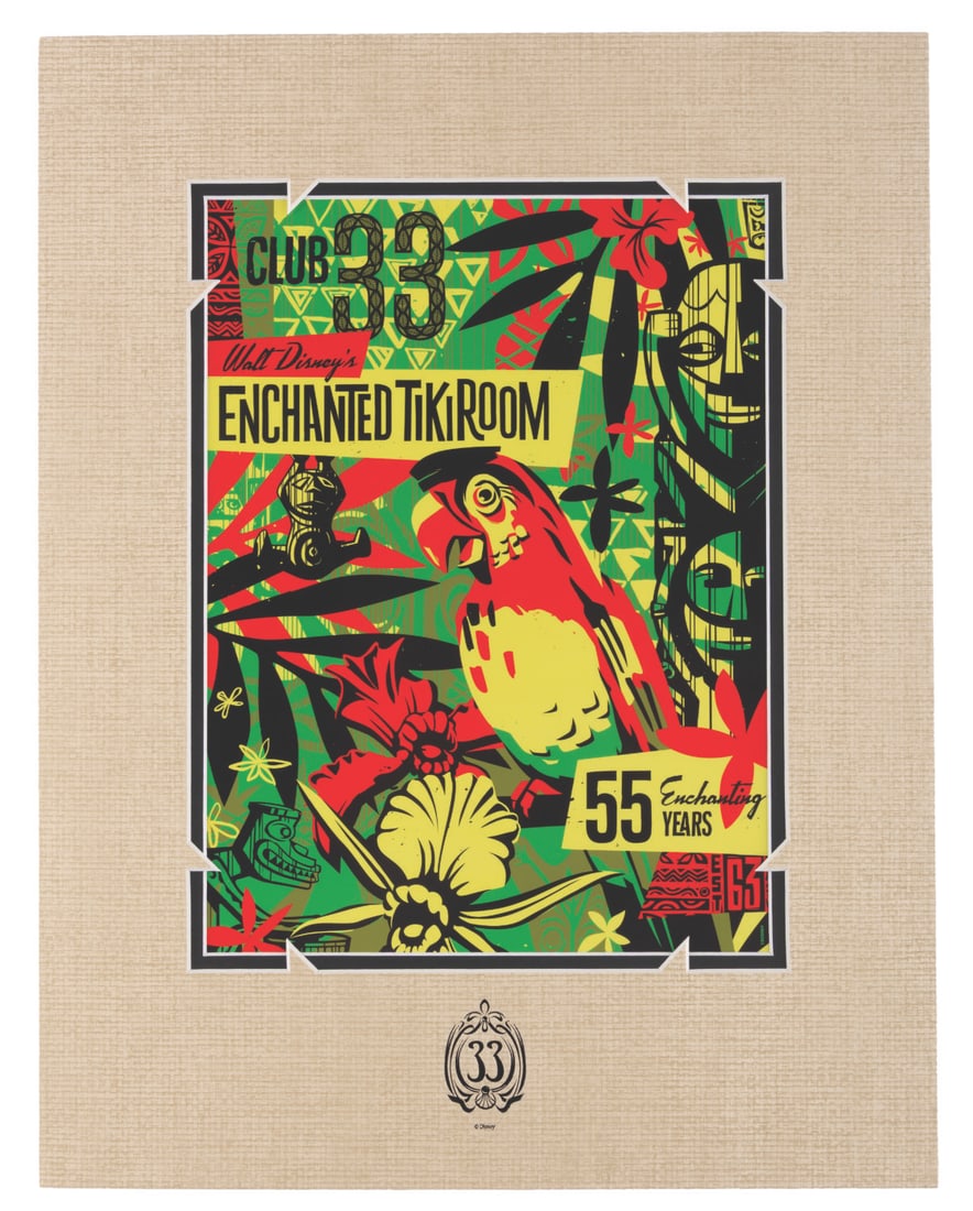 A Club 33 Enchanted Tiki Room 55th Anniversary Print.: (Disneyland, 2018) A matted print of Enchanted Tiki Room art, celebrating the 55th anniversary of the attraction and only available at the exclusive Club 33. Measuring 14" x 18" with an image size of