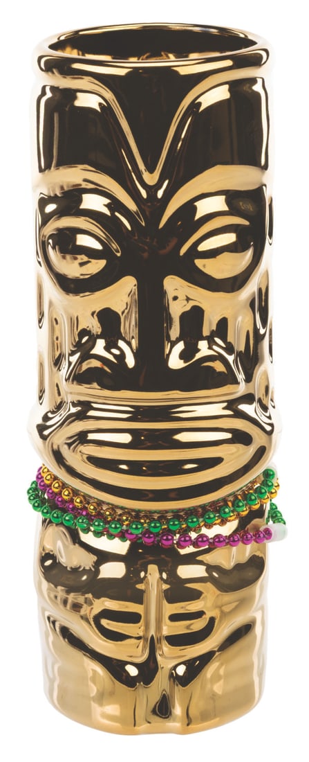 A Club 33 SHAG Gold Mardi Gras Tiki Mug with Beads.: (Disneyland, 2022) A Gold Edition Club 33 exclusive Mardi Gras tiki mug, titled "Laissez Les Bon Temps Rouler," designed by SHAG and limited to an edition of 500. Measuring 8" tall and 3" in diameter 