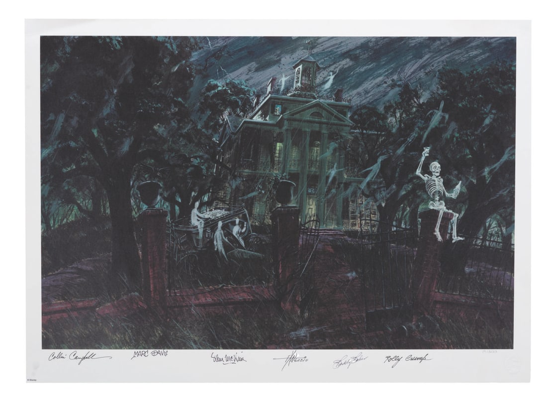 A Collin Campbell Haunted Mansion Multi-Signed Print.: (Disneyland, 1990s) A limited edition print of concept art for the Haunted Mansion by Imagineer Collin Campbell. The print has been hand-signed by Campbell and five other Imagineers, including Marc