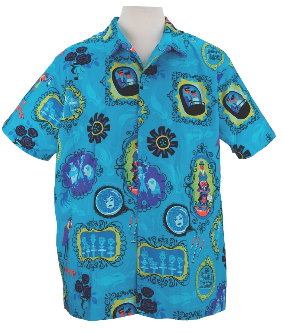 A SHAG 50th Anniversary Haunted Mansion Shirt.: (Disneyland, 2019) A Disney Parks SHAG Haunted Mansion aloha shirt, released for the 50th anniversary of the New Orleans Square attraction. Unlabeled but likely a size 3XL-4XL, the shirt is in fine