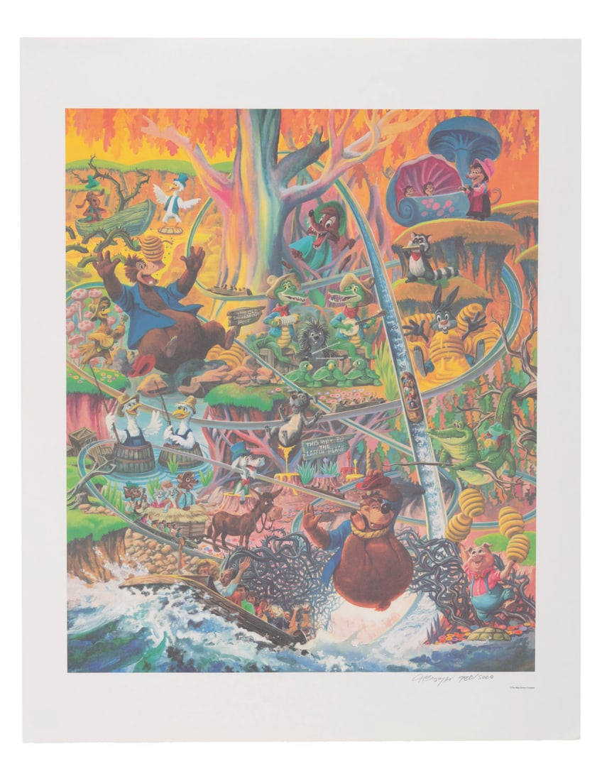 A Charles Boyer Signed Splash Mountain Lithograph.: (Disneyland, 1989) A signed lithograph by Charles Boyer, commemorating the opening of Splash Mountain at Disneyland. Titled "The Laffin' Place," the limited edition piece is signed by Boyer at the