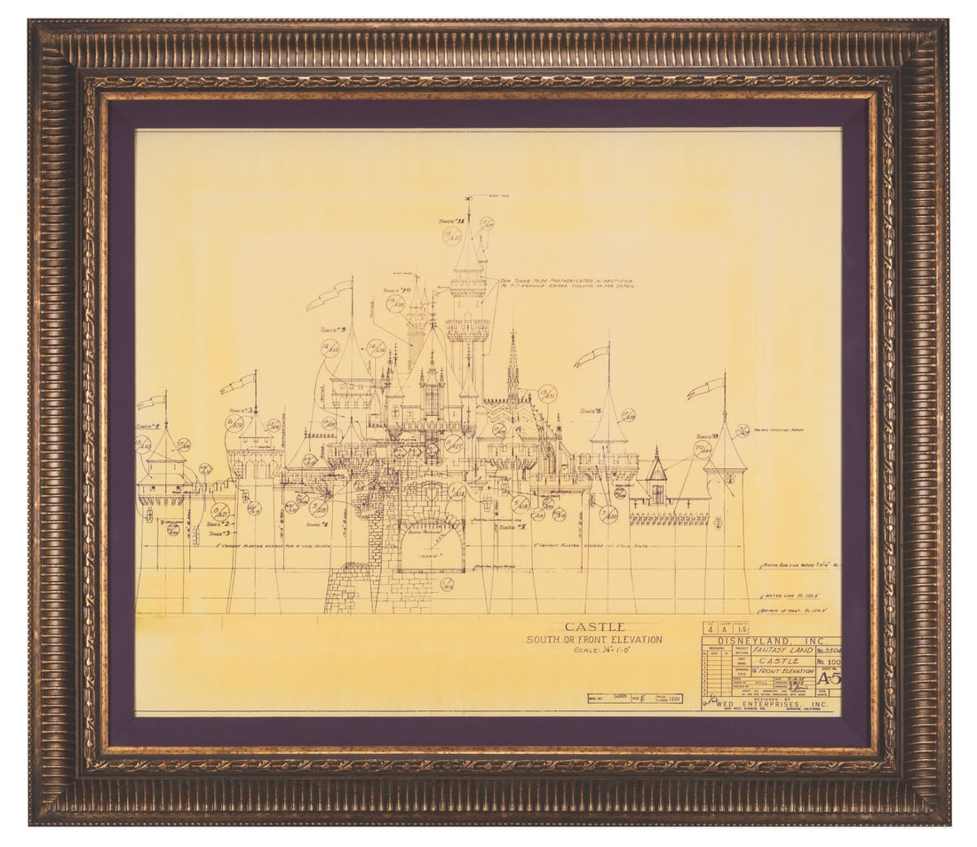 An Original Disneyland Sleeping Beauty Castle Architectural Print.: (Disneyland, 1955) An original Sleeping Beauty Castle front elevation architectural print used in the construction of Disneyland, dated 2/12/55, a mere five months before the Park opened. The blueprin