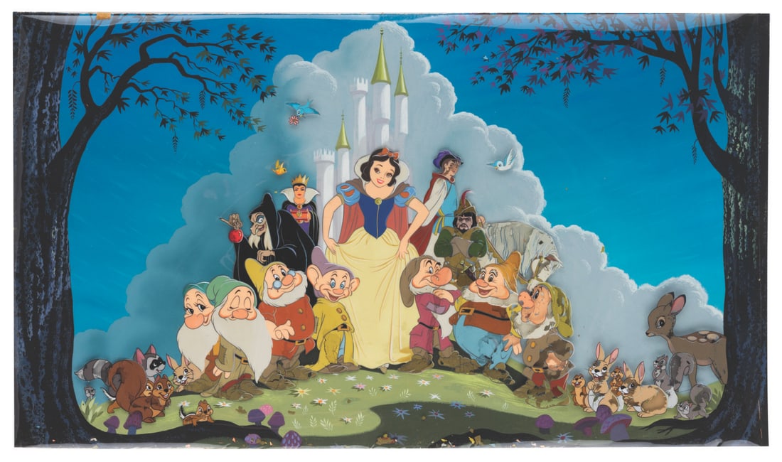 A "Snow White and Her Adventures" Mural Cel and Background.: (Disneyland, 1955-82) An original hand-painted cel and background of the mural in the loading area of Snow White and Her Adventures dark ride. When Disneyland opened in 1955, all of the Fantasyland