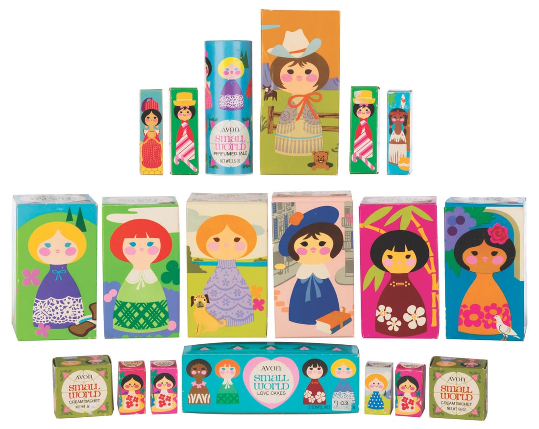 A Collection of It's a Small World Avon Cosmetics.: (Avon, 1970s) A large collection of 18 Avon products inspired by It's a Small World at Disneyland. Included are two cologne mists, two bubble baths, two non-tear shampoos, one cream lotion, one