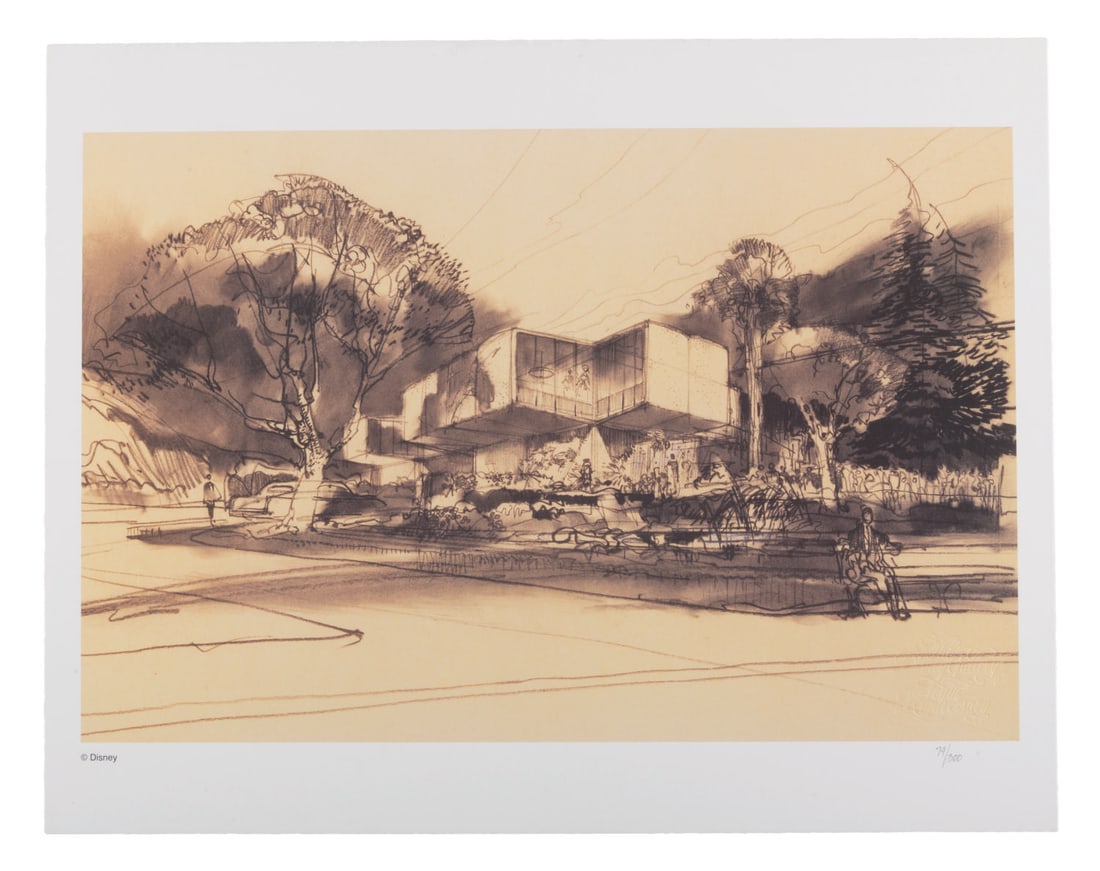 A Herb Ryman House of the Future Lithograph.: (Disneyland, 1997) A limited edition print of concept art for the House of the Future by Imagineer Herb Ryman. This print was available at the Disney Gallery and is hand-numbered 79/300. Measuring