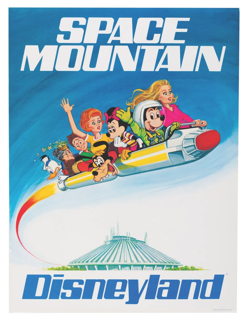 A Rare Space Mountain "Freaky Friday" Poster.: (Disneyland, 1977) An incredibly rare poster promoting both the opening year of Space Mountain and the new Disney live-action film "Freaky Friday," starring Jodie Foster and Barbara Harris. Measuring