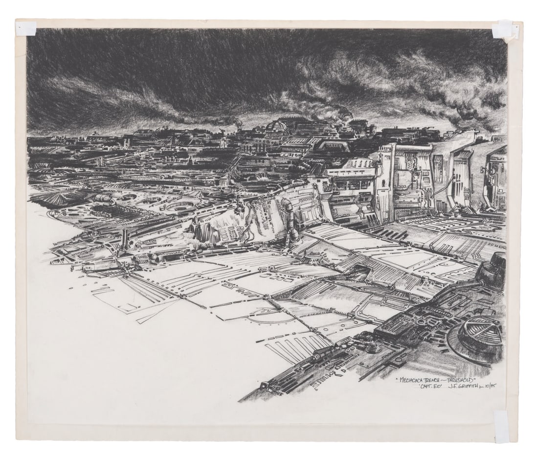 A Captain EO Mechcaca Trench Concept Illustration.: (Disney, 1985) An original concept drawing of the Mechcaca Trench in Captain EO. This threshold is the entrance to the lair of the Supreme Leader, played by Anjelica Huston. The art is accomplished in