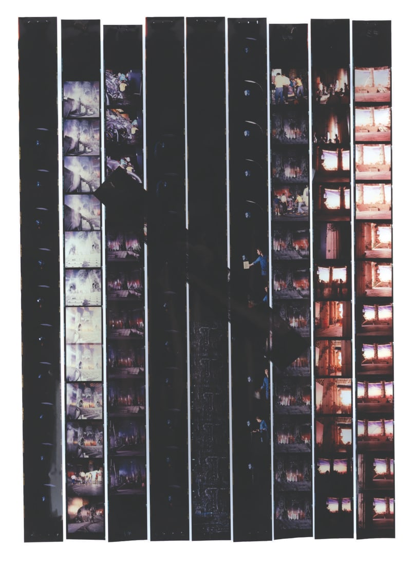 A Set of Captain EO Behind-the-Scenes Photo Strips.: (Disney, 1985) A collection of ten strips of Captain EO set and behind-the-scenes photos. The strips include 102 frames of 56mm x 56mm photos shot on the set of the film's finale, the character Major