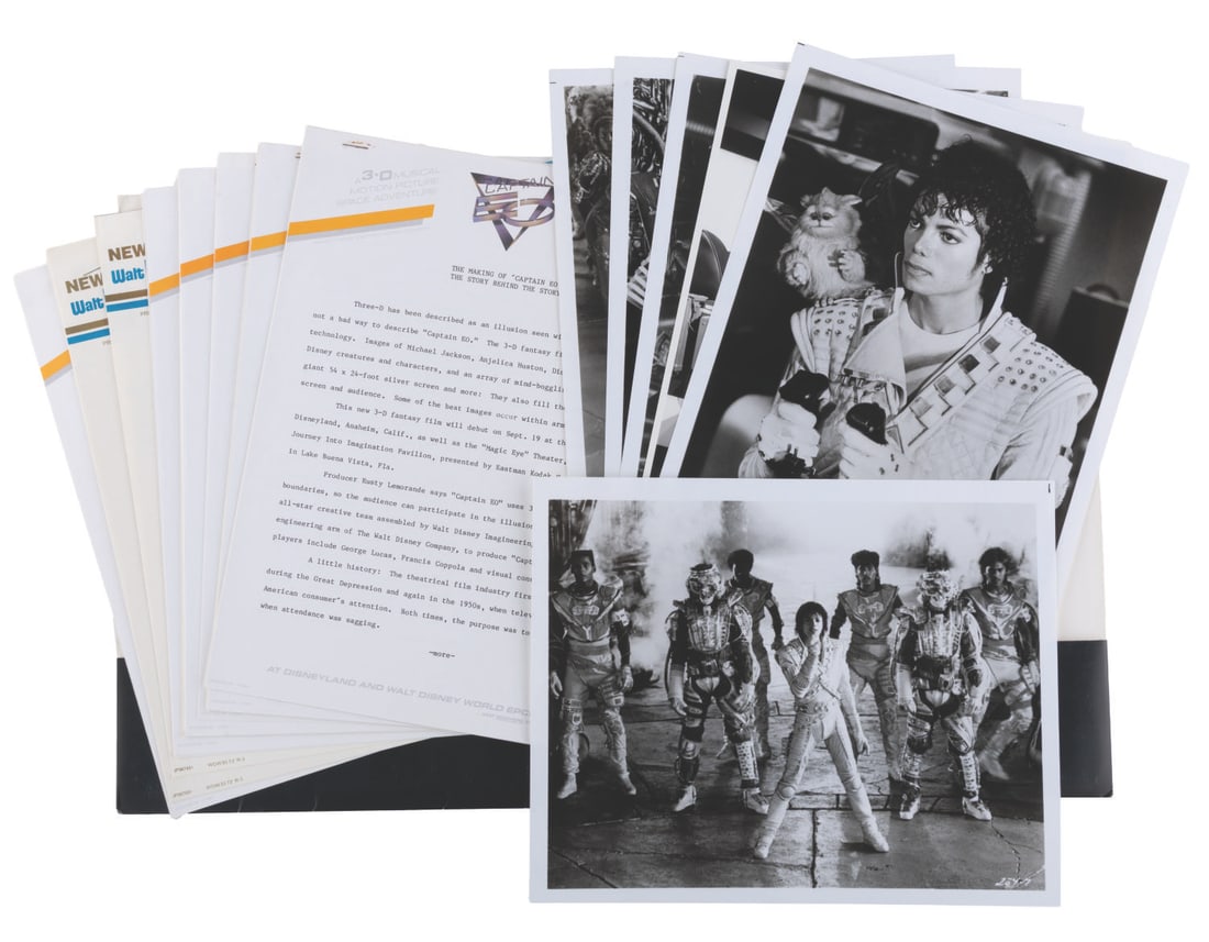 A Captain EO Press Kit.: (Disney, 1986) A press kit for Captain EO. Included are five 8" x 10" publicity photos with captions, and eight news releases on Captain EO and Walt Disney World stationery on the making of the 3-D