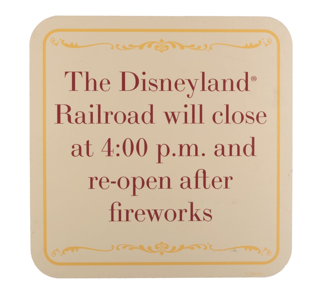 A Disneyland Railroad Temporarily Closed Sign.: (Disneyland, 1980s-2000s) A Disneyland Railroad temporarily closed sign. Depending on the day's weather conditions, the Railroad will close temporarily during the Park's fireworks display and resume