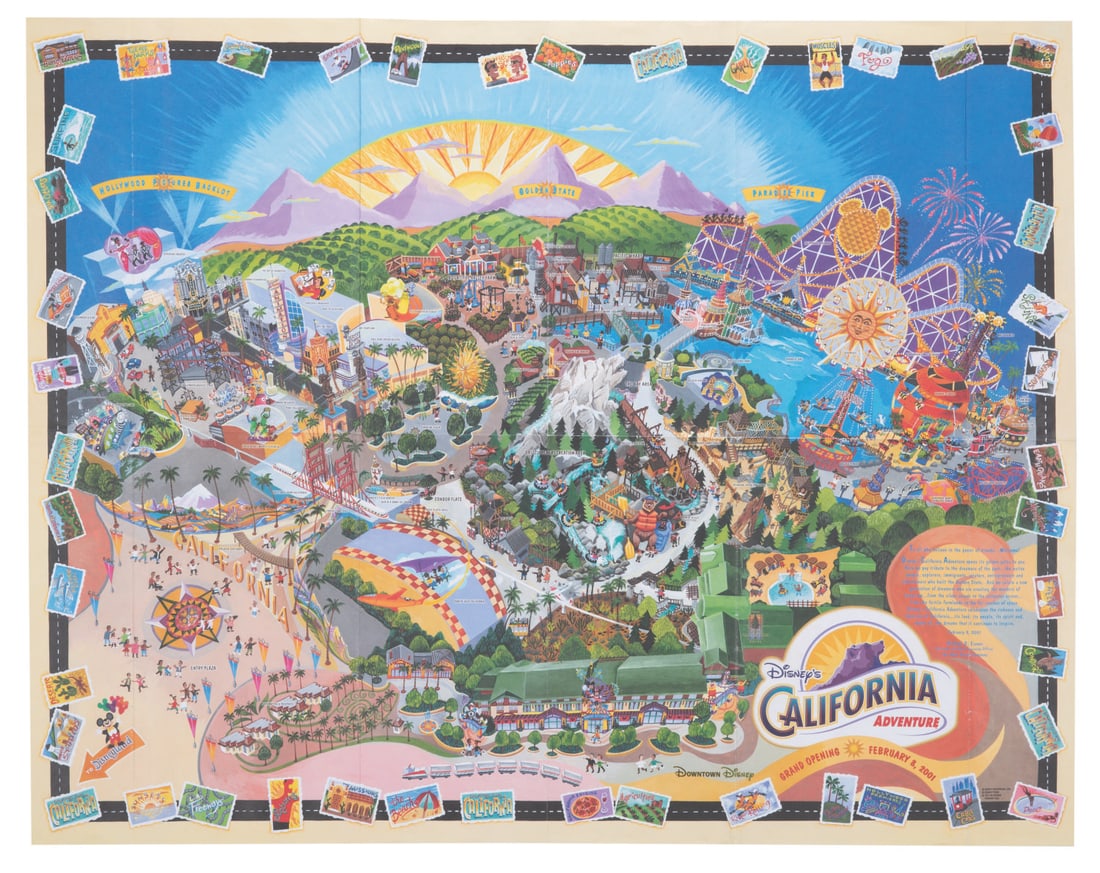 A Disney's California Adventure Opening Day Map.: (Disney's California Adventure, 2001) A stylized illustrated map celebrating the Grand Opening of Disney's California Adventure on February 8, 2001. Measuring 26.5" x 34", the map is in very good to