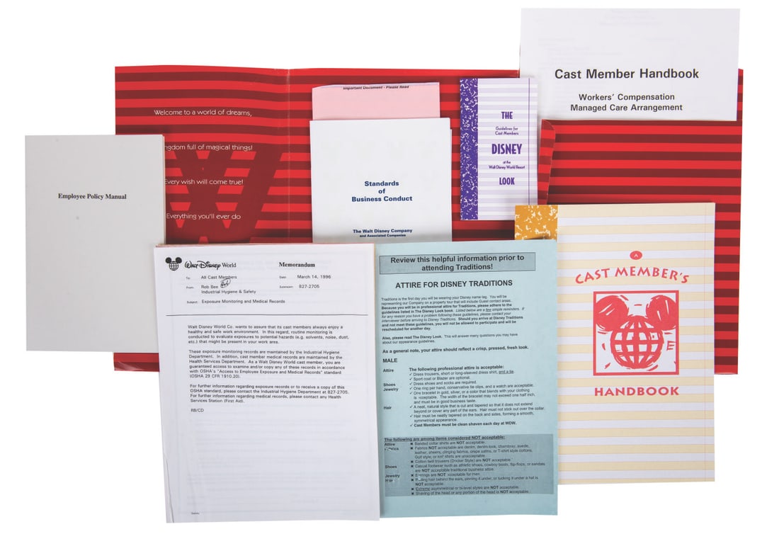 A Walt Disney World New Hire Folder & Materials.: (Walt Disney World, 1990s) A folder & paperwork given to new Walt Disney World Cast Members. Included are materials related to Resort policies, hygiene, attire, and copies of the Cast Member