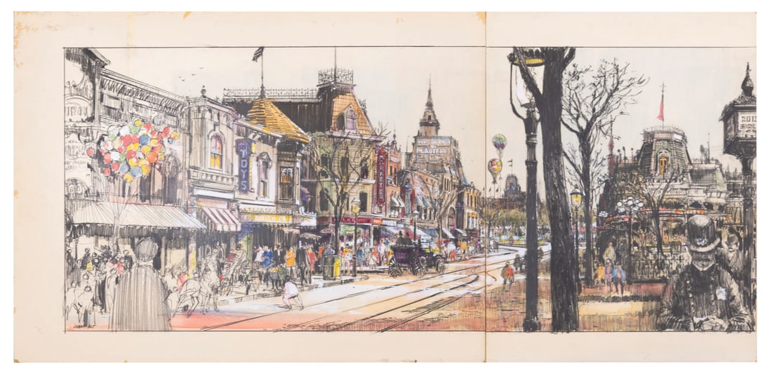 An Original Walt Disney World Main Street Concept Artwork.: (Walt Disney World, 1960s) An original concept illustration of Main Street, U.S.A. by Imagineer Duane Alt from the early development of Walt Disney World. The mixed-media illustration consists of two 