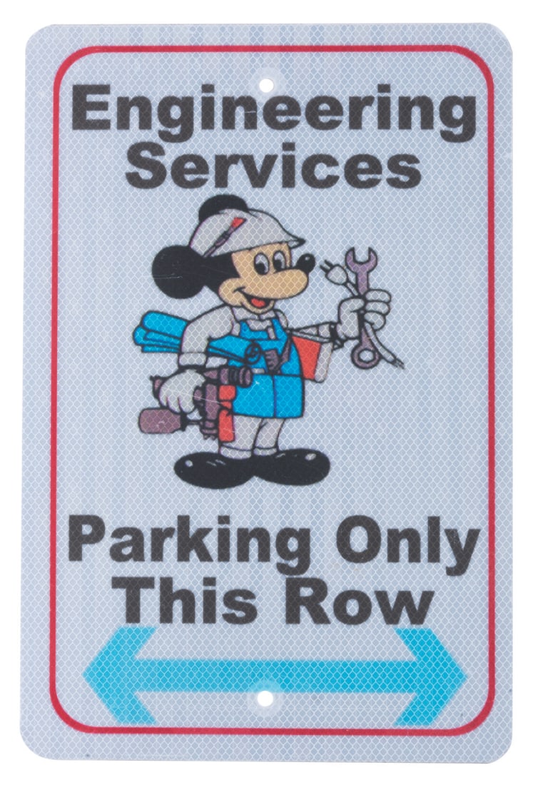 A Walt Disney World "Engineering Services Parking" Sign.: (Walt Disney World, 1990s) A metal parking sign featuring Mickey Mouse used to designate spaces for Engineering Services vehicles at Walt Disney World. Measuring 12" x 18" the sign is in very good,