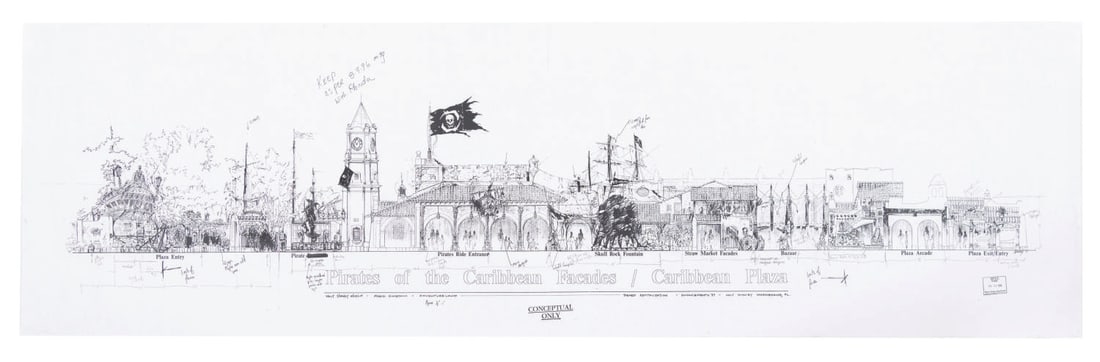 A Pirates of the Caribbean Facade Concept Print.: (Walt Disney World, 1996) A Walt Disney Imagineering concept art print for an unrealized update to the Pirates of the Caribbean exterior facade. The photocopy print on lightweight printer paper featur