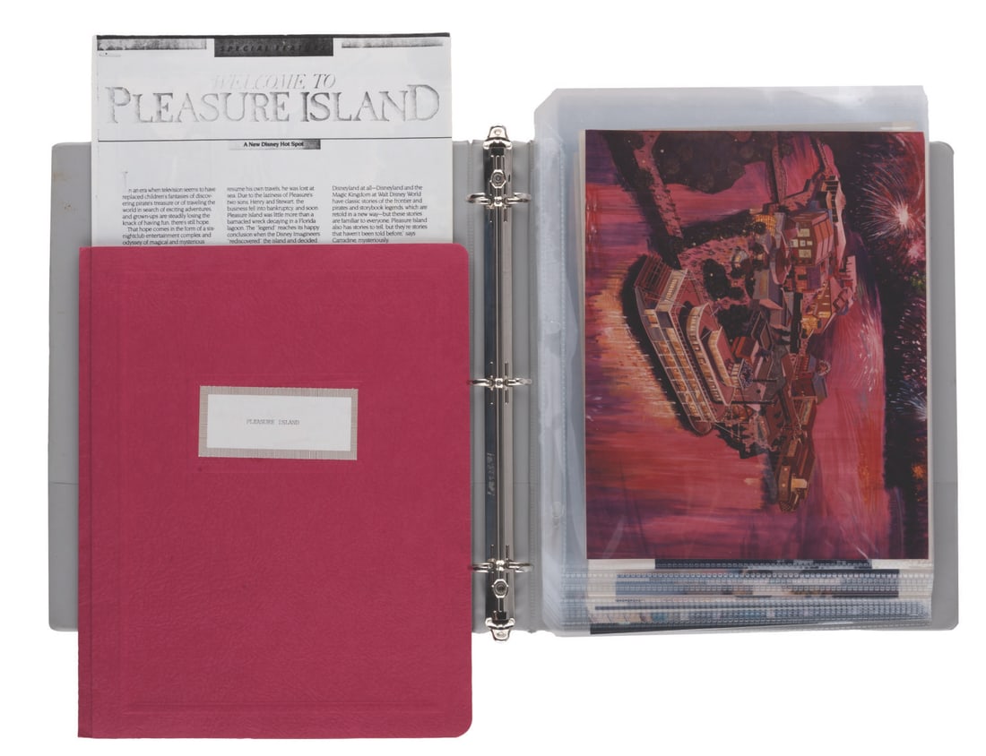A Pleasure Island Project Portfolio and Model Photos.: (Pleasure Island, 1987) A project summary portfolio and collection of 19 concept and model photo prints for Pleasure Island. Inside are the thematic storyline, planned layout, and information on the