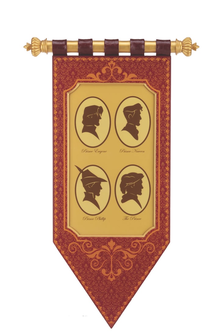 A Port Orleans Royal Rooms Prince Silhouette Banner Prop.: (Disney's Port Orleans Riverside Resort, 2020s) A banner of Disney Prince profiles from the original decor for the Royal Rooms at Port Orleans Riverside. Showing Eugene, Naveen, Phillip, and "The