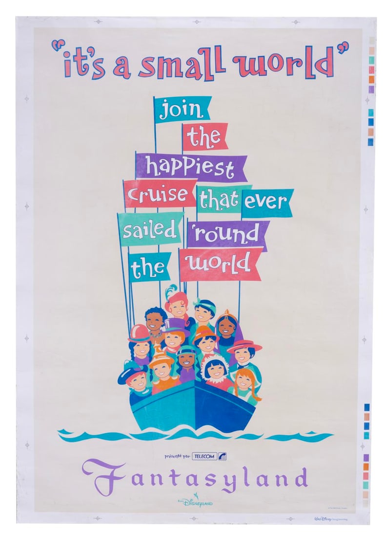A Euro Disneyland It's a Small World Attraction Poster.: (Euro Disneyland, 1992) A rare uncut Walt Disney Imagineering attraction poster for It's a Small World at Euro Disneyland. Measuring 33" x 46.75", the poster displays in good condition with small